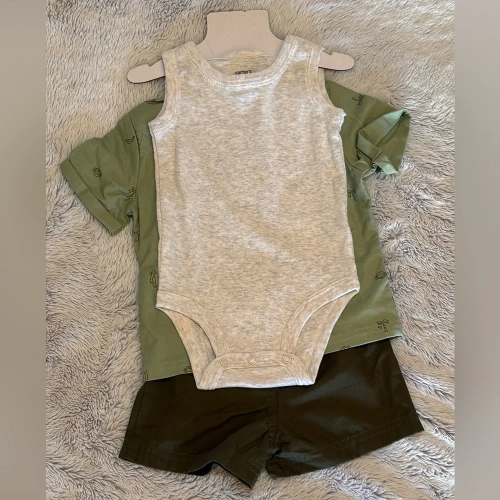 Carter's 3 pc set, Olive short sleeve shirt, Shorts & grey bodysuit, size 9 mos